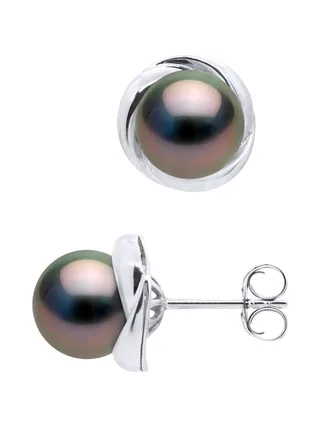 Boucles d'Oreilles Véritables Perles de Tahiti Rondes 7-8 mm — Or Blanc 375 Millièmes 1