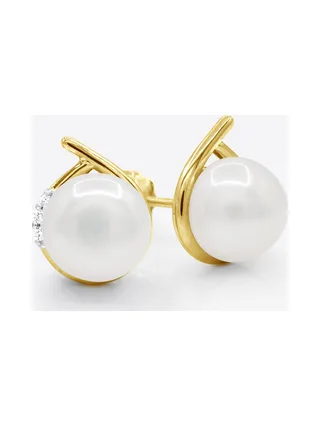 Boucles d'Oreilles Véritables Perles d'Eau Douce 7-8 mm Diamants 0.06 ct — Or Jaune 375 Millièmes 1