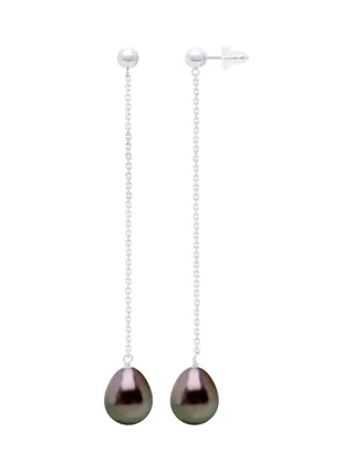 Boucles d'Oreilles Véritables Perles de Tahiti 9-10 mm Diamants 0.04 ct — Or Blanc 375 Millièmes 1