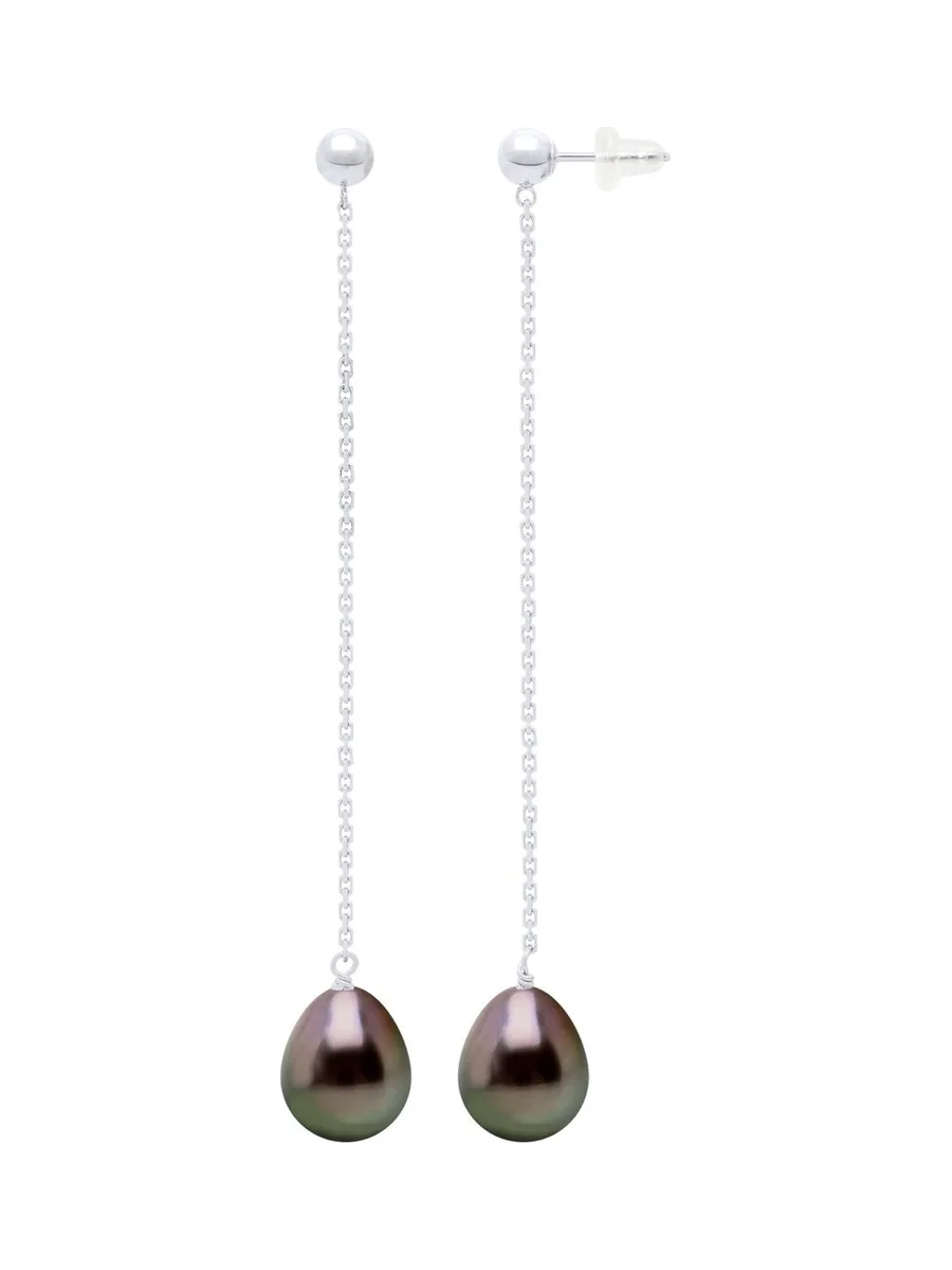 Boucles d'Oreilles Véritables Perles de Tahiti 9-10 mm Diamants 0.04 ct — Or Blanc 375 Millièmes 1