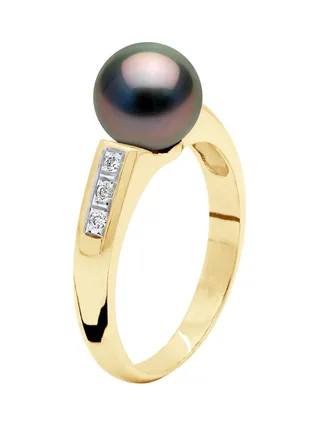 Bague Véritable Perle de Tahiti Ronde 8-9 mm Diamant 0.06 ct — Or Jaune 375 Millièmes 4