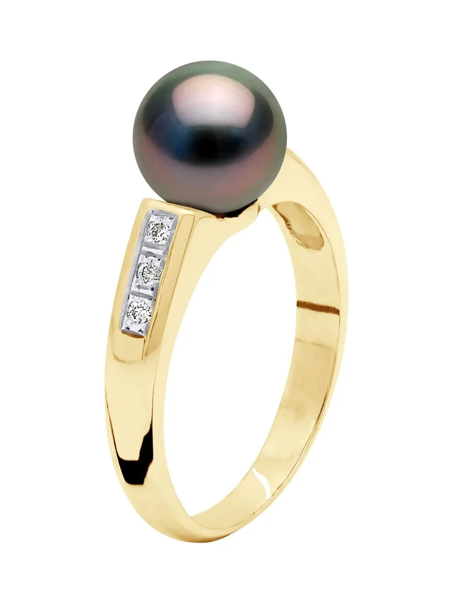 Bague Véritable Perle de Tahiti Ronde 8-9 mm Diamant 0.06 ct — Or Jaune 375 Millièmes 3