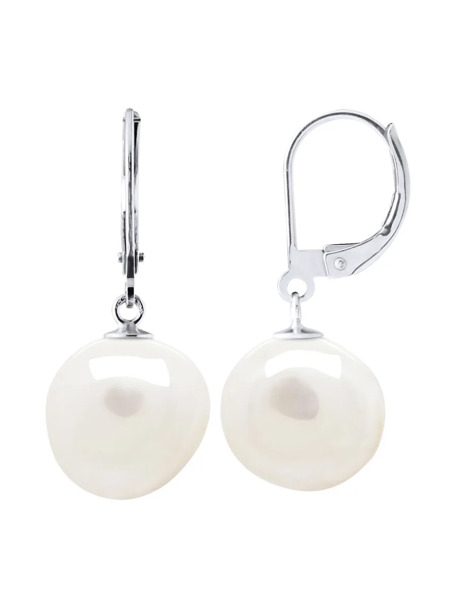 Boucles d'Oreilles Véritables Perles d'Eau Douce Baroques 12-13 mm — Or Blanc 375 Millièmes 5