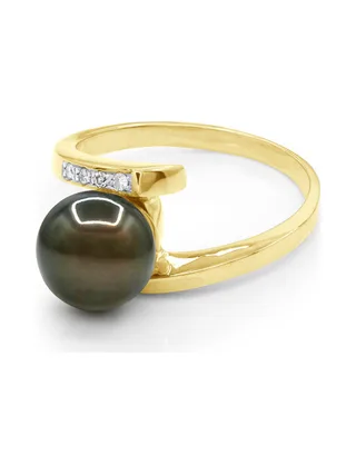 Bague Véritable Perle de Tahiti Ronde 8-9 mm Diamant 0.04 ct — Or Jaune 375 Millièmes 1