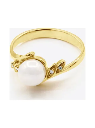 Bague Véritable Perle d'Eau Douce Ronde 7-8 mm Diamants 0.04 ct — Or Jaune 375 Millièmes 1