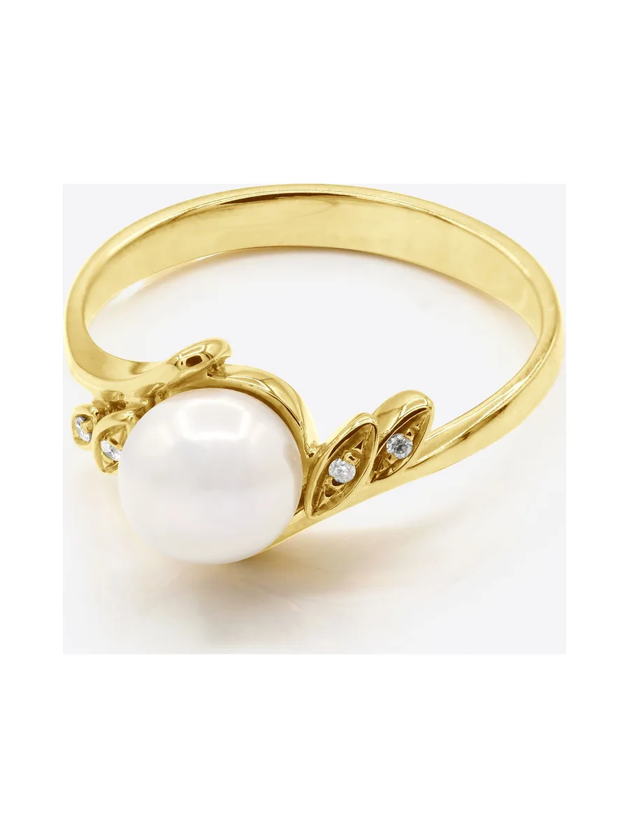 Bague Véritable Perle d'Eau Douce Ronde 7-8 mm Diamants 0.04 ct — Or Jaune 375 Millièmes 5