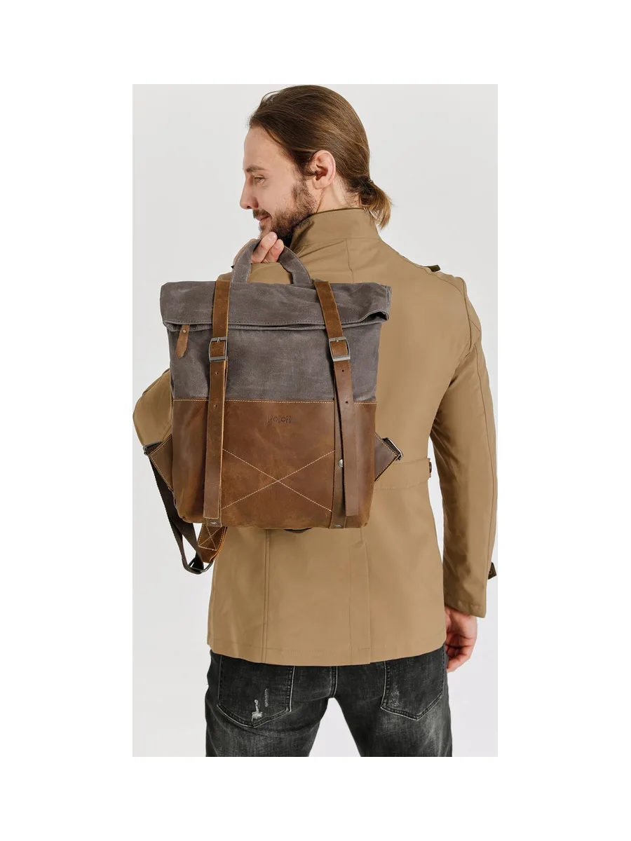 NES - Sac à dos en cuir véritable et toile enduite - Bleu 56