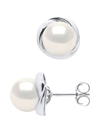 Boucles d'Oreilles Véritables Perles d'Eau Douce Rondes — Or Blanc 375 Millièmes 2