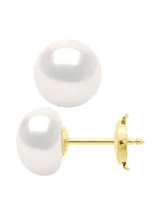 Boucles d'Oreilles Véritables Perles d'Eau Douce Bouton 9-10 mm — Or Jaune 375 Millièmes 4