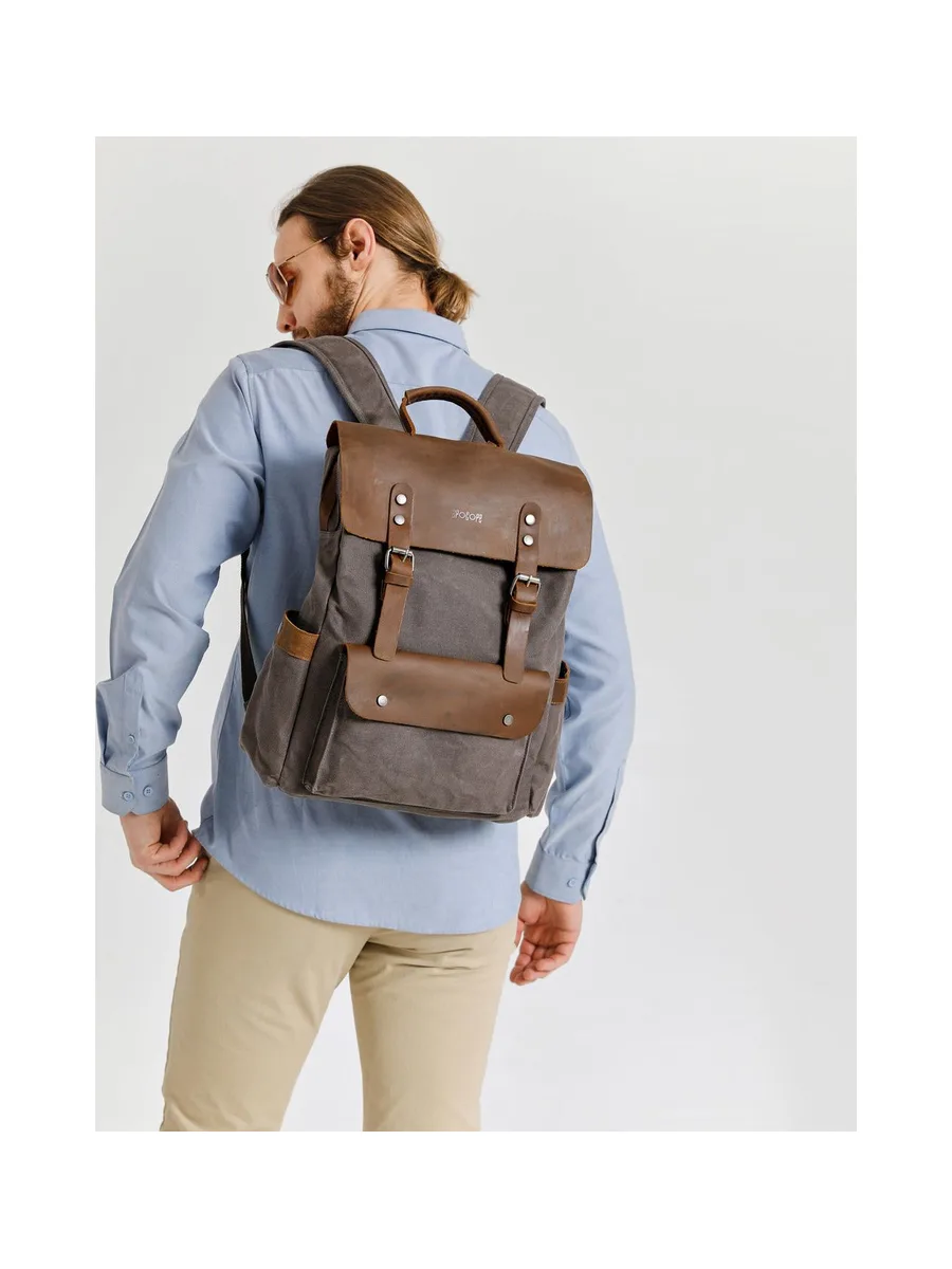 ED - Sac à dos en cuir véritable et toile enduite - Bleu 50