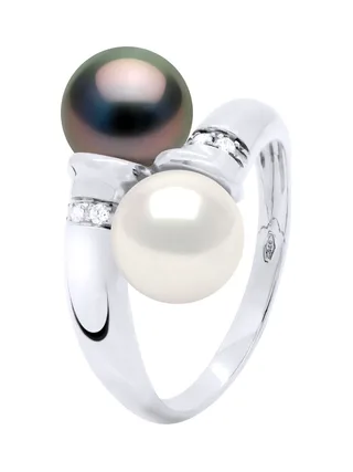 Bague Toi & Moi Perles d'Eau Douce et de Tahiti 8-9 mm Diamants 0.06 ct — Or Blanc 375 Millièmes 1