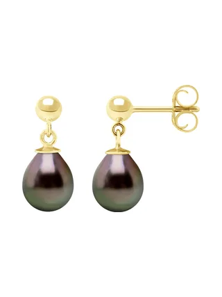 Boucles d'Oreilles Pendantes Véritables Perles de Tahiti Poires 8-9 mm — Or Jaune 375 Millièmes 1