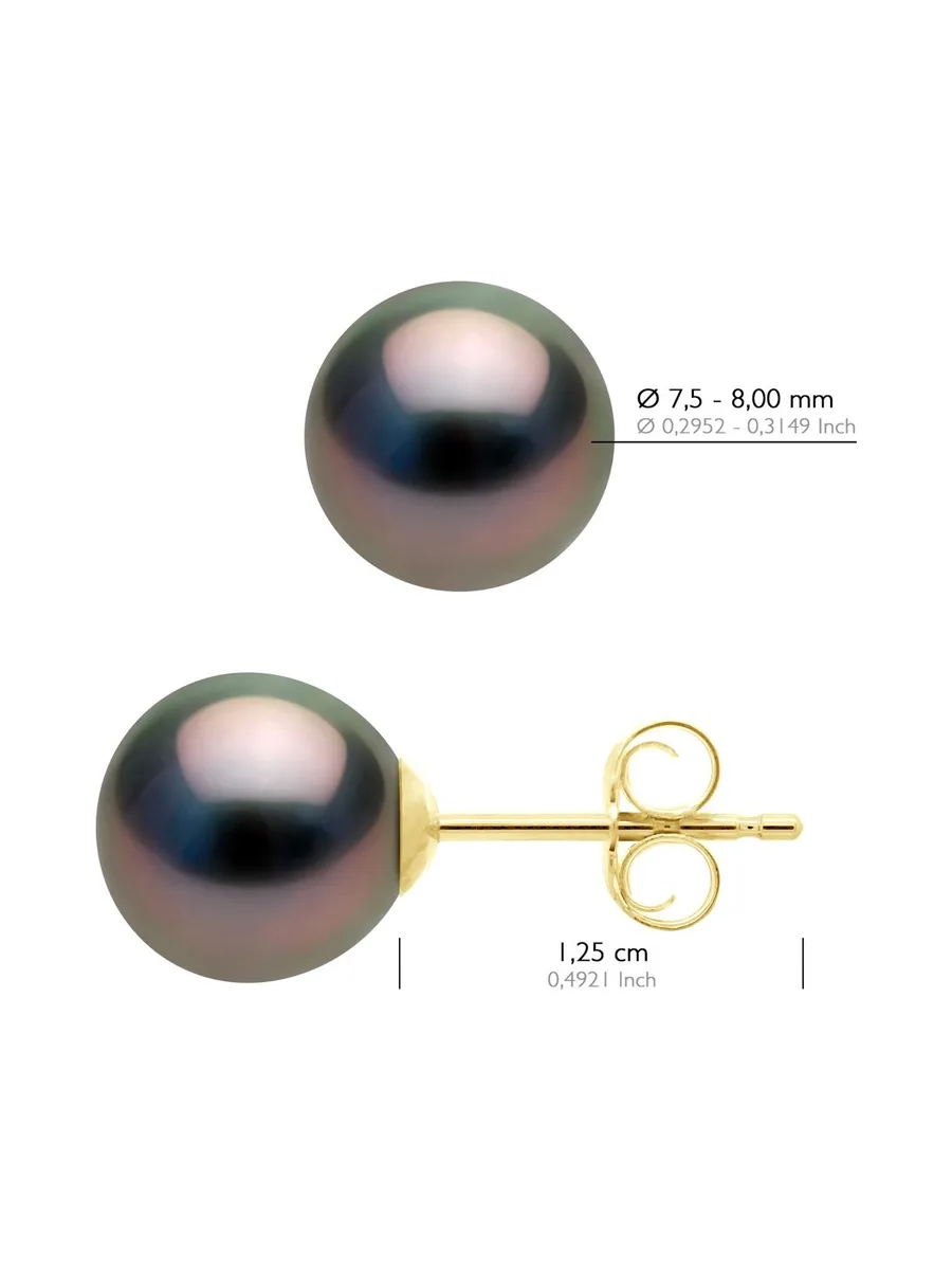 Boucles d'Oreilles Véritables Perles de Tahiti Semi-Rondes 7.5-8 mm — Or Jaune 375 Millièmes 2