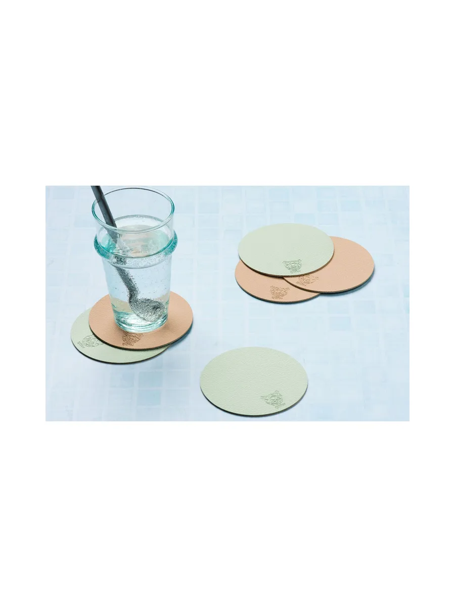 Sous-verre rond réversible - 6 pièces - Cuir recyclé blanc crème et vert de gris 30