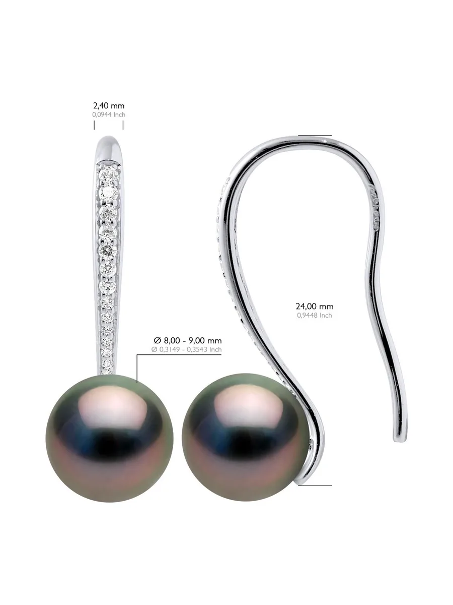 Boucles d'Oreilles Véritables Perles de Tahiti Rondes 8-9 mm — Argent 925 Millièmes Rhodié 2