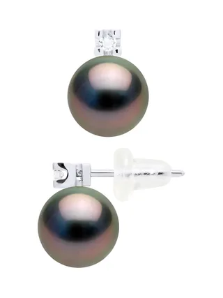Boucles d'Oreilles Véritables Perles de Tahiti 8-9 mm Diamants 0.04 ct — Or Blanc 750 Millièmes 1