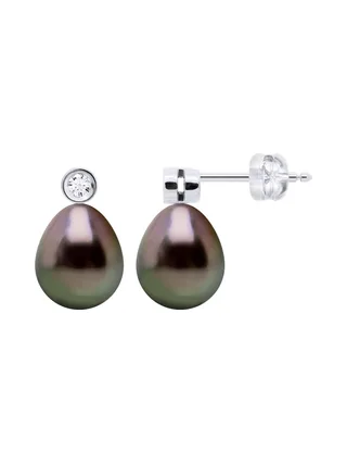 Boucles d'Oreilles Véritables Perles de Tahiti 9-10 mm Diamants 0.04 ct — Or Blanc 375 Millièmes 4