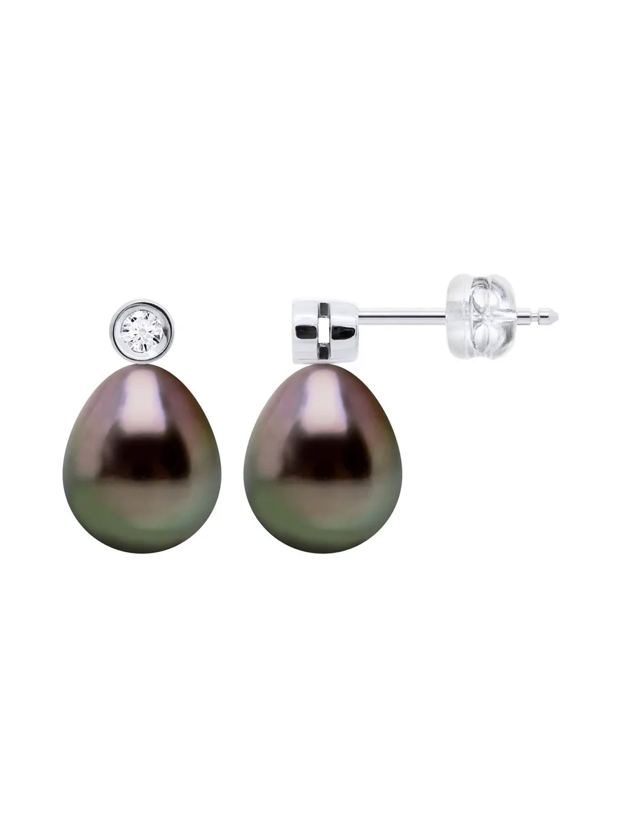 Boucles d'Oreilles Véritables Perles de Tahiti 9-10 mm Diamants 0.04 ct — Or Blanc 375 Millièmes 4