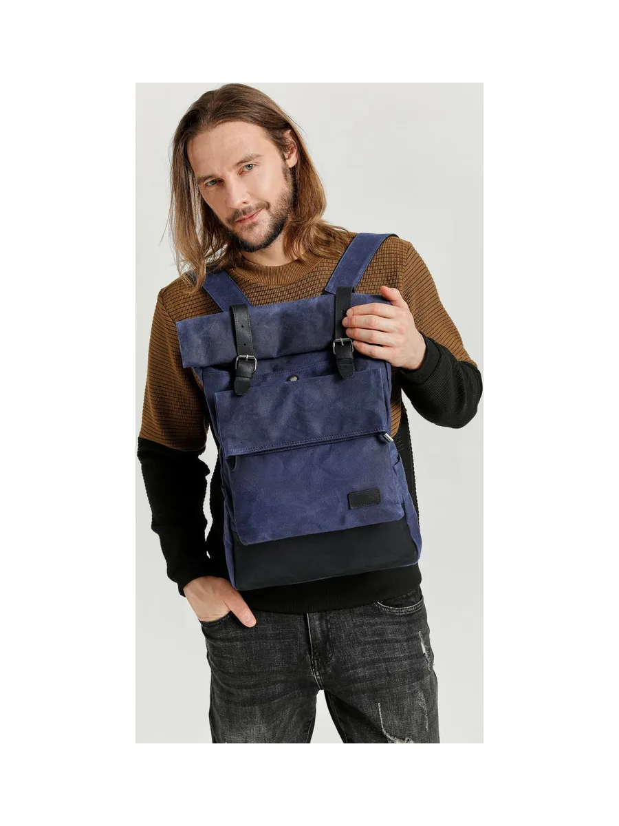 JACK - Sac à dos en cuir véritable et toile enduite - Bleu 8