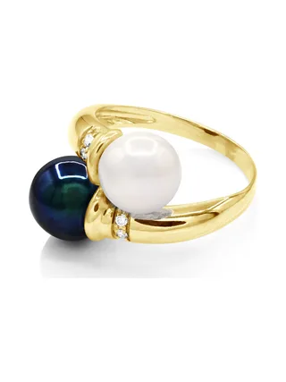 Bague Toi & Moi Véritables Perles d'Eau Douce 8-9 mm Diamants 0.04 ct — Or Jaune 375 Millièmes 1