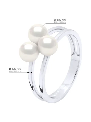 Bague Trilogie Véritables Perles d'Eau Douce Rondes 5-6 mm — Argent 925 Millièmes Rhodié 2