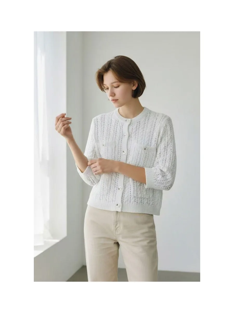 Gilet ajouré col rond boutonné devant avec poches à manches mi-long 4