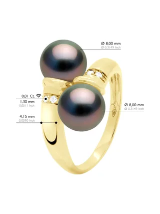 Bague Toi & Moi Véritables Perles de Tahiti Rondes 8-9 mm Diamants 0.06 ct — Or Jaune 375 Millièmes 3