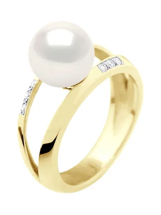 Bague Jonc Véritable Perle d'Eau Douce Ronde 8-9 mm Diamants 0.06 ct — Or Jaune 375 Millièmes 4