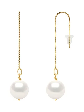 Boucles d'Oreilles Pendantes Véritables Perles d'Eau Douce Rondes 9-10 mm — Or Jaune 375 Millièmes 1
