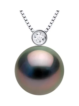 Collier Véritable Perle de Tahiti Ronde 10-11 mm Diamant 0.02 ct — Or Blanc 750 Millièmes — 42 cm 1